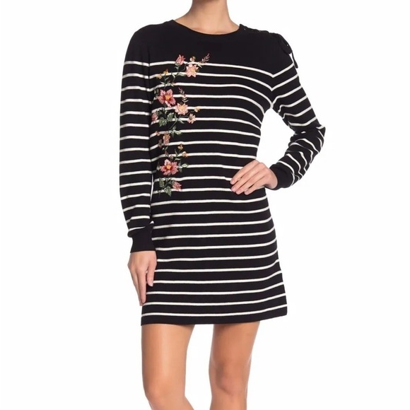 𝅺j.o.a. Black Striped Sweater Dress with Floral Embroidery Lace Up Neckline L - Picture 1 of 6